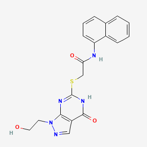 molecular formula C19H17N5O3S B2503813 2-{[1-(2-羟乙基)-4-氧代-4,5-二氢-1H-吡唑并[3,4-d]嘧啶-6-基]硫代}-N-1-萘乙酰胺 CAS No. 946254-66-6