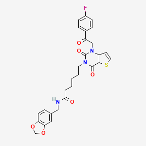 molecular formula C28H26FN3O6S B2503844 N-[(2H-1,3-benzodioxol-5-yl)methyl]-6-{1-[2-(4-fluorophenyl)-2-oxoethyl]-2,4-dioxo-1H,2H,3H,4H-thieno[3,2-d]pyrimidin-3-yl}hexanamide CAS No. 912884-50-5