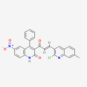 molecular formula C28H18ClN3O4 B2503860 (E)-3-(2-chloro-7-methylquinolin-3-yl)-1-(2-hydroxy-6-nitro-4-phenylquinolin-3-yl)prop-2-en-1-one CAS No. 1322223-58-4