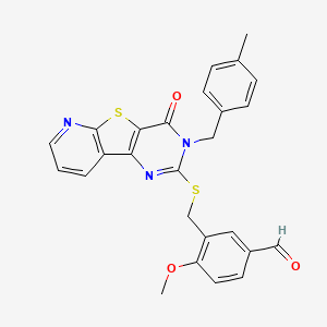 molecular formula C26H21N3O3S2 B2503878 4-Methoxy-3-(((3-(4-methylbenzyl)-4-oxo-3,4-dihydropyrido[3',2':4,5]thieno[3,2-d]pyrimidin-2-yl)thio)methyl)benzaldehyde CAS No. 1224005-44-0