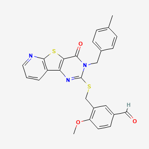 molecular formula C26H21N3O3S2 B2503878 4-甲氧基-3-(((3-(4-甲基苄基)-4-氧代-3,4-二氢吡啶并[3',2':4,5]噻吩并[3,2-d]嘧啶-2-基)硫代)甲基)苯甲醛 CAS No. 1224005-44-0