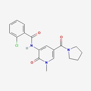 molecular formula C18H18ClN3O3 B2503912 2-chloro-N-(1-methyl-2-oxo-5-(pyrrolidine-1-carbonyl)-1,2-dihydropyridin-3-yl)benzamide CAS No. 1207036-55-2