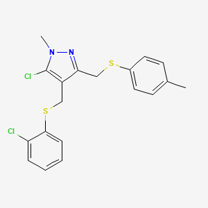 molecular formula C19H18Cl2N2S2 B2503949 5-氯-4-[(2-氯苯基)硫代甲基]-1-甲基-3-[(4-甲苯基)硫代甲基]吡唑 CAS No. 318248-71-4