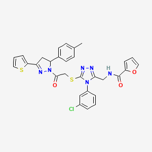 molecular formula C30H25ClN6O3S2 B2503958 N-[[4-(3-chlorophenyl)-5-[2-[3-(4-methylphenyl)-5-thiophen-2-yl-3,4-dihydropyrazol-2-yl]-2-oxoethyl]sulfanyl-1,2,4-triazol-3-yl]methyl]furan-2-carboxamide CAS No. 393585-84-7