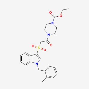 molecular formula C25H29N3O5S B2504043 4-[2-[[1-[(2-Methylphenyl)methyl]-3-indolyl]sulfonyl]-1-oxoethyl]-1-piperazinecarboxylic acid ethyl ester CAS No. 850932-75-1
