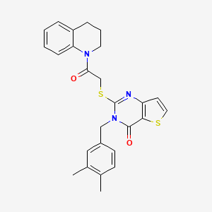 molecular formula C26H25N3O2S2 B2504116 2-{[2-(3,4-dihydroquinolin-1(2H)-yl)-2-oxoethyl]sulfanyl}-3-(3,4-dimethylbenzyl)thieno[3,2-d]pyrimidin-4(3H)-one CAS No. 1252840-27-9