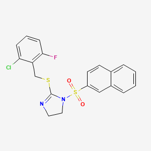 molecular formula C20H16ClFN2O2S2 B2504147 2-[(2-Chloro-6-fluorophenyl)methylsulfanyl]-1-naphthalen-2-ylsulfonyl-4,5-dihydroimidazole CAS No. 868217-62-3