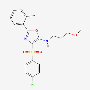 molecular formula C20H21ClN2O4S B2504182 4-[(4-chlorophenyl)sulfonyl]-N-(3-methoxypropyl)-2-(2-methylphenyl)-1,3-oxazol-5-amine CAS No. 862739-53-5