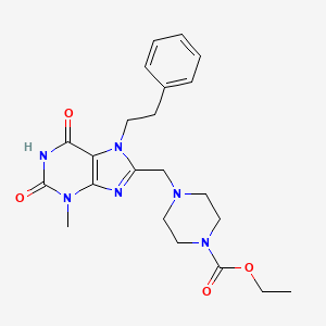 molecular formula C22H28N6O4 B2504203 Ethyl 4-{[3-methyl-2,6-dioxo-7-(2-phenylethyl)-1,3,7-trihydropurin-8-yl]methyl}piperazinecarboxylate CAS No. 862979-71-3