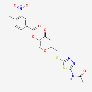 molecular formula C18H14N4O7S2 B2504220 6-(((5-acetamido-1,3,4-thiadiazol-2-yl)thio)methyl)-4-oxo-4H-pyran-3-yl 4-methyl-3-nitrobenzoate CAS No. 896016-31-2