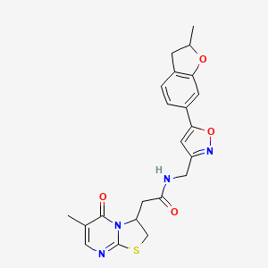 molecular formula C22H22N4O4S B2504224 N-((5-(2-methyl-2,3-dihydrobenzofuran-6-yl)isoxazol-3-yl)methyl)-2-(6-methyl-5-oxo-3,5-dihydro-2H-thiazolo[3,2-a]pyrimidin-3-yl)acetamide CAS No. 1208764-25-3