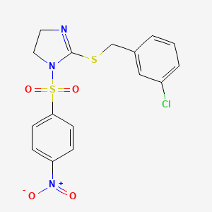 molecular formula C16H14ClN3O4S2 B2504231 2-[(3-Chlorophenyl)methylsulfanyl]-1-(4-nitrophenyl)sulfonyl-4,5-dihydroimidazole CAS No. 868218-90-0