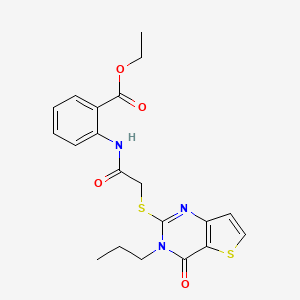 molecular formula C20H21N3O4S2 B2504245 ethyl 2-[2-({4-oxo-3-propyl-3H,4H-thieno[3,2-d]pyrimidin-2-yl}sulfanyl)acetamido]benzoate CAS No. 1252859-58-7