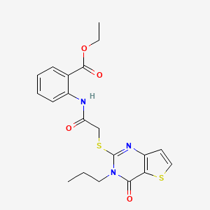 molecular formula C20H21N3O4S2 B2504245 2-[2-({4-オキソ-3-プロピル-3H,4H-チエノ[3,2-d]ピリミジン-2-イル}スルファニル)アセトアミド]ベンゾエートエチル CAS No. 1252859-58-7