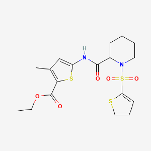molecular formula C18H22N2O5S3 B2504267 Ethyl 3-methyl-5-(1-(thiophen-2-ylsulfonyl)piperidine-2-carboxamido)thiophene-2-carboxylate CAS No. 1097081-83-8
