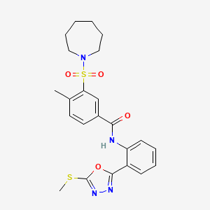 molecular formula C23H26N4O4S2 B2504271 3-(azepan-1-ylsulfonyl)-4-methyl-N-(2-(5-(methylthio)-1,3,4-oxadiazol-2-yl)phenyl)benzamide CAS No. 890595-09-2