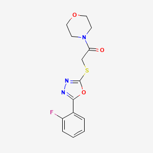 molecular formula C14H14FN3O3S B2504273 2-((5-(2-Fluorofenil)-1,3,4-oxadiazol-2-il)tio)-1-morfolinoetanona CAS No. 459846-79-8