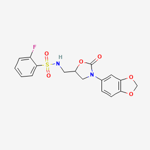 molecular formula C17H15FN2O6S B2504289 N-((3-(苯并[d][1,3]二氧杂环-5-基)-2-氧代恶唑烷-5-基)甲基)-2-氟苯磺酰胺 CAS No. 954654-32-1