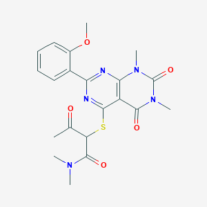 molecular formula C21H23N5O5S B2504299 2-((2-(2-甲氧基苯基)-6,8-二甲基-5,7-二氧代-5,6,7,8-四氢嘧啶并[4,5-d]嘧啶-4-基)硫代)-N,N-二甲基-3-氧代丁酰胺 CAS No. 872839-49-1