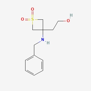 molecular formula C12H17NO3S B2504344 3-(Benzylamino)-3-(2-hydroxyethyl)thietane 1,1-dioxide CAS No. 1223573-35-0