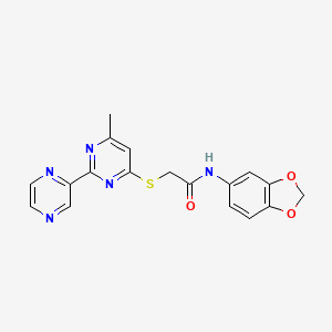 molecular formula C18H15N5O3S B2504378 N-(苯并[d][1,3]二氧杂环-5-基)-2-((6-甲基-2-(吡嗪-2-基)嘧啶-4-基)硫代)乙酰胺 CAS No. 1189463-06-6