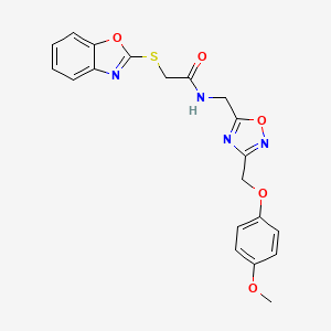 molecular formula C20H18N4O5S B2504389 2-(苯并[d]恶唑-2-硫基)-N-((3-((4-甲氧苯氧基)甲基)-1,2,4-恶二唑-5-基)甲基)乙酰胺 CAS No. 1226435-38-6