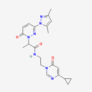 molecular formula C21H25N7O3 B2504390 N-(2-(4-cyclopropyl-6-oxopyrimidin-1(6H)-yl)ethyl)-2-(3-(3,5-dimethyl-1H-pyrazol-1-yl)-6-oxopyridazin-1(6H)-yl)propanamide CAS No. 2034358-44-4