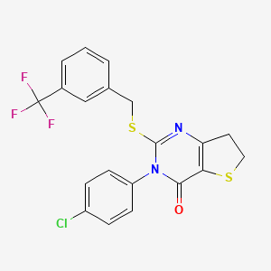 molecular formula C20H14ClF3N2OS2 B2504464 3-(4-chlorophenyl)-2-((3-(trifluoromethyl)benzyl)thio)-6,7-dihydrothieno[3,2-d]pyrimidin-4(3H)-one CAS No. 687564-92-7