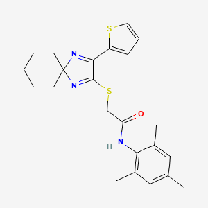 molecular formula C23H27N3OS2 B2504492 N-mesityl-2-((3-(thiophen-2-yl)-1,4-diazaspiro[4.5]deca-1,3-dien-2-yl)thio)acetamide CAS No. 1223955-06-3