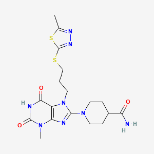molecular formula C18H24N8O3S2 B2504526 1-(3-methyl-7-(3-((5-methyl-1,3,4-thiadiazol-2-yl)thio)propyl)-2,6-dioxo-2,3,6,7-tetrahydro-1H-purin-8-yl)piperidine-4-carboxamide CAS No. 887225-31-2