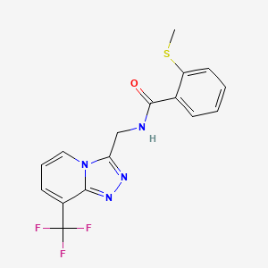 molecular formula C16H13F3N4OS B2504530 N-( (8-(trifluorometil)-[1,2,4]triazolo[4,3-a]piridin-3-il)metil)-2-(metiltio)benzamida CAS No. 2034356-30-2