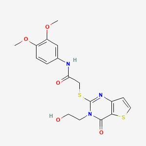 molecular formula C18H19N3O5S2 B2504539 N-(3,4-dimethoxyphenyl)-2-((3-(2-hydroxyethyl)-4-oxo-3,4-dihydrothieno[3,2-d]pyrimidin-2-yl)thio)acetamide CAS No. 1790194-11-4