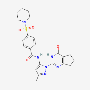 molecular formula C23H26N6O4S B2504592 N-(3-methyl-1-(4-oxo-4,5,6,7-tetrahydro-3H-cyclopenta[d]pyrimidin-2-yl)-1H-pyrazol-5-yl)-4-(piperidin-1-ylsulfonyl)benzamide CAS No. 1005947-11-4