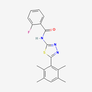 molecular formula C19H18FN3OS B2504615 2-氟基-N-[5-(2,3,5,6-四甲基苯基)-1,3,4-噻二唑-2-基]苯甲酰胺 CAS No. 391227-12-6