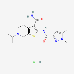 molecular formula C17H24ClN5O2S B2504627 2-(1,5-dimethyl-1H-pyrazole-3-carboxamido)-6-isopropyl-4,5,6,7-tetrahydrothieno[2,3-c]pyridine-3-carboxamide hydrochloride CAS No. 1216481-24-1