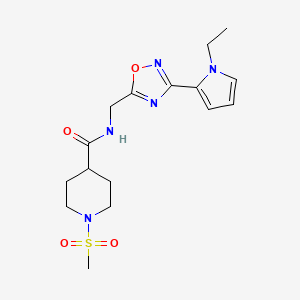 molecular formula C16H23N5O4S B2504634 N-((3-(1-ethyl-1H-pyrrol-2-yl)-1,2,4-oxadiazol-5-yl)methyl)-1-(methylsulfonyl)piperidine-4-carboxamide CAS No. 2034550-43-9