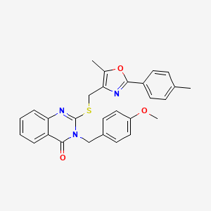 molecular formula C28H25N3O3S B2504647 3-(4-methoxybenzyl)-2-(((5-methyl-2-(p-tolyl)oxazol-4-yl)methyl)thio)quinazolin-4(3H)-one CAS No. 1114655-03-6