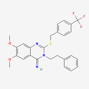 molecular formula C26H24F3N3O2S B2504694 6,7-dimethoxy-3-phenethyl-2-{[4-(trifluoromethyl)benzyl]sulfanyl}-4(3H)-quinazolinimine CAS No. 691858-06-7