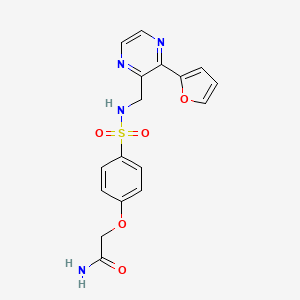 molecular formula C17H16N4O5S B2504756 2-(4-(N-((3-(furan-2-yl)pyrazin-2-yl)methyl)sulfamoyl)phenoxy)acetamide CAS No. 2034465-75-1