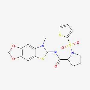 molecular formula C18H17N3O5S3 B2504770 (E)-N-(7-methyl-[1,3]dioxolo[4',5':4,5]benzo[1,2-d]thiazol-6(7H)-ylidene)-1-(thiophen-2-ylsulfonyl)pyrrolidine-2-carboxamide CAS No. 1101052-16-7