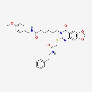 molecular formula C33H36N4O6S B2504817 N-(4-methoxybenzyl)-6-(8-oxo-6-((2-oxo-2-(phenethylamino)ethyl)thio)-[1,3]dioxolo[4,5-g]quinazolin-7(8H)-yl)hexanamide CAS No. 688061-10-1