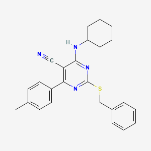 molecular formula C25H26N4S B2504832 2-(Benzylsulfanyl)-4-(cyclohexylamino)-6-(4-methylphenyl)-5-pyrimidinecarbonitrile CAS No. 303985-65-1