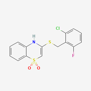molecular formula C15H11ClFNO2S2 B2504862 3-[(2-chloro-6-fluorobenzyl)sulfanyl]-1lambda~6~,4-benzothiazine-1,1(4H)-dione CAS No. 477868-97-6