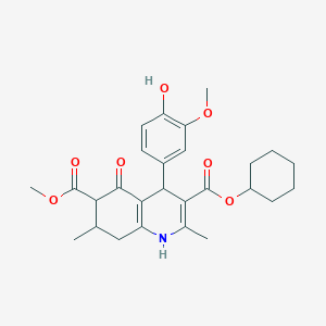 molecular formula C27H33NO7 B2505029 3-Cyclohexyl 6-methyl 4-(4-hydroxy-3-methoxyphenyl)-2,7-dimethyl-5-oxo-1,4,5,6,7,8-hexahydroquinoline-3,6-dicarboxylate CAS No. 1005175-28-9