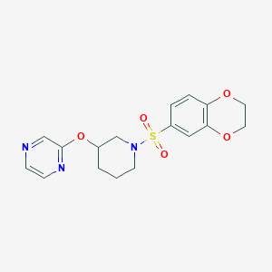molecular formula C17H19N3O5S B2505053 2-((1-((2,3-二氢苯并[b][1,4]二氧杂环-6-基)磺酰基)哌啶-3-基)氧基)吡嗪 CAS No. 2034484-95-0