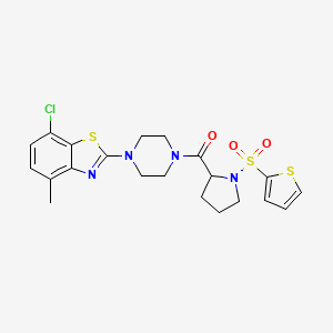 molecular formula C21H23ClN4O3S3 B2505061 (4-(7-Chloro-4-methylbenzo[d]thiazol-2-yl)piperazin-1-yl)(1-(thiophen-2-ylsulfonyl)pyrrolidin-2-yl)methanone CAS No. 1101177-24-5
