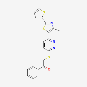 molecular formula C20H15N3OS3 B2505064 2-((6-(4-Methyl-2-(thiophen-2-yl)thiazol-5-yl)pyridazin-3-yl)thio)-1-phenylethanone CAS No. 1002483-42-2