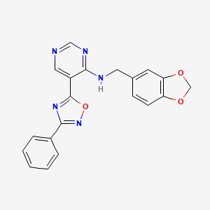molecular formula C20H15N5O3 B2505068 N-(1,3-benzodioxol-5-ylmethyl)-5-(3-phenyl-1,2,4-oxadiazol-5-yl)pyrimidin-4-amine CAS No. 1775558-08-1
