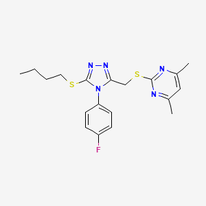 molecular formula C19H22FN5S2 B2505135 2-[[5-Butylsulfanyl-4-(4-fluorophenyl)-1,2,4-triazol-3-yl]methylsulfanyl]-4,6-dimethylpyrimidine CAS No. 868222-41-7