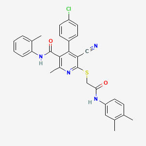 molecular formula C31H27ClN4O2S B2505190 4-(4-chlorophenyl)-5-cyano-6-((2-((3,4-dimethylphenyl)amino)-2-oxoethyl)thio)-2-methyl-N-(o-tolyl)nicotinamide CAS No. 383896-52-4